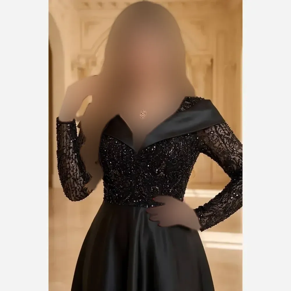 لباس مجلسی زنانه جنس خرجکار گل برجسته و پولک دامن ساتن آمریکایی رنگ مشکی سایز 38 تا 48