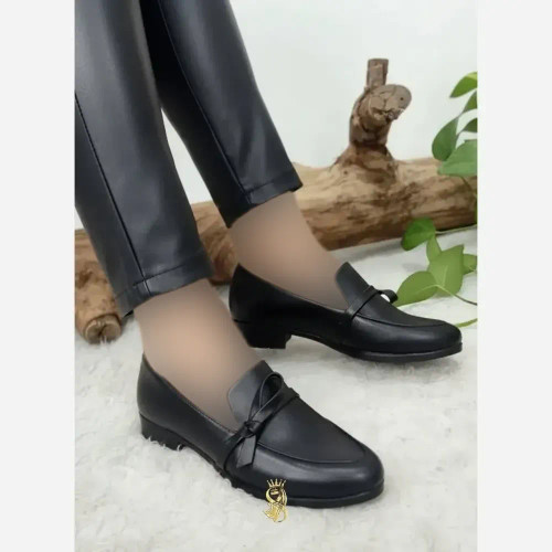 کفش کالج طبی زنانه چرم مشکی مدل گره ای