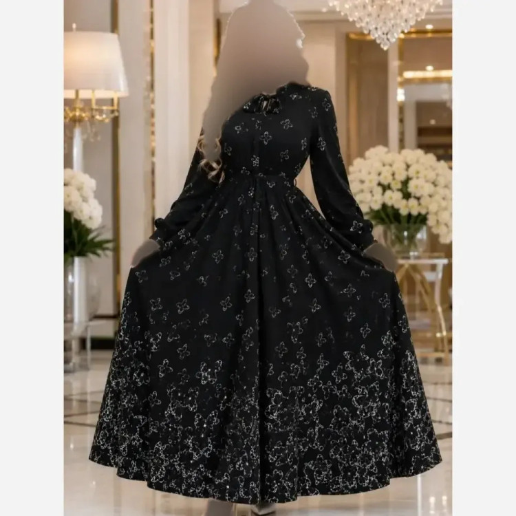 پیراهن طرحدار طناز جنس بوگاتی فری سایز رنگ مشکی قلبی و پروانه ای
