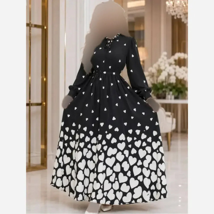 پیراهن طرحدار طناز جنس بوگاتی فری سایز رنگ مشکی قلبی و پروانه ای