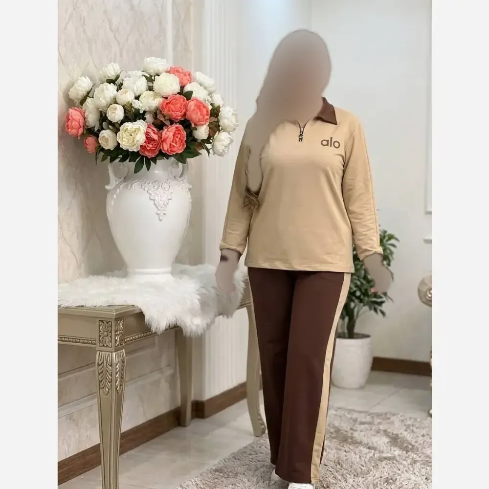 ست نیم زیپ زنانه گلکسی نخ پنبه فری سایز کرم شکلاتی