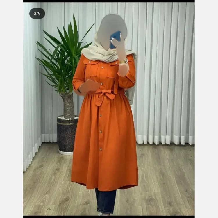 مانتو لینن ترک بلند زنانه مدل هاریکا با جیب و کمربند
