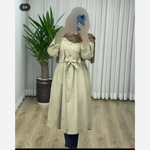 مانتو لینن ترک بلند زنانه مدل هاریکا با جیب و کمربند