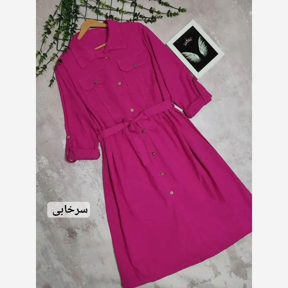 مانتو لینن ترک بلند زنانه مدل هاریکا با جیب و کمربند