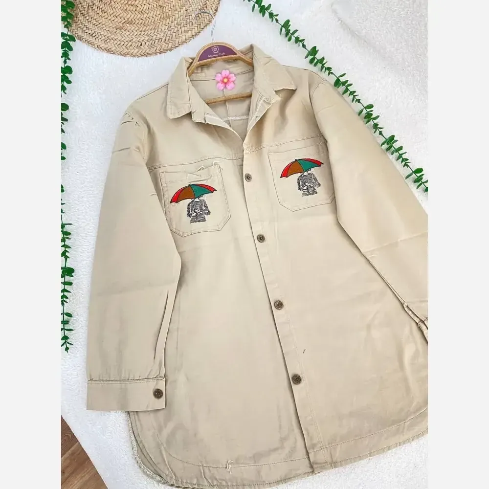 مانتو کتان چتری گلدوزی شده پاییزه زنانه یشمی کرم خاکی زیتونی مشکی L XL
