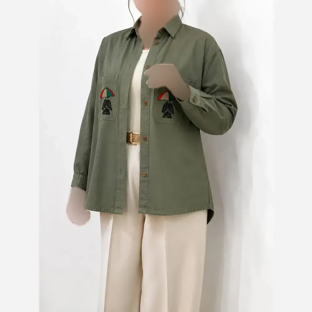 مانتو کتان چتری گلدوزی شده پاییزه زنانه یشمی کرم خاکی زیتونی مشکی L XL