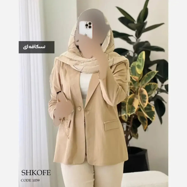 مانتو لینن ارکیده کوتاه مدل کت اسپرت خاکی و سفید