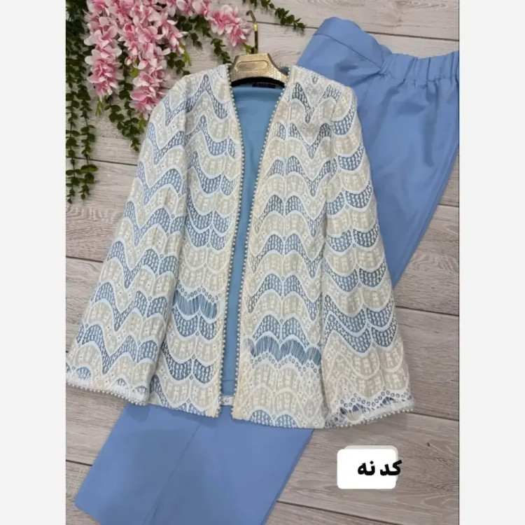 کت و شلوار زنانه گندم جنس مازراتی و گیپور رنگ مشکی سایز 1 و 2