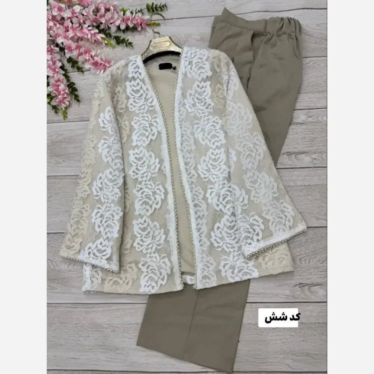 کت و شلوار زنانه گندم جنس مازراتی و گیپور رنگ مشکی سایز 1 و 2