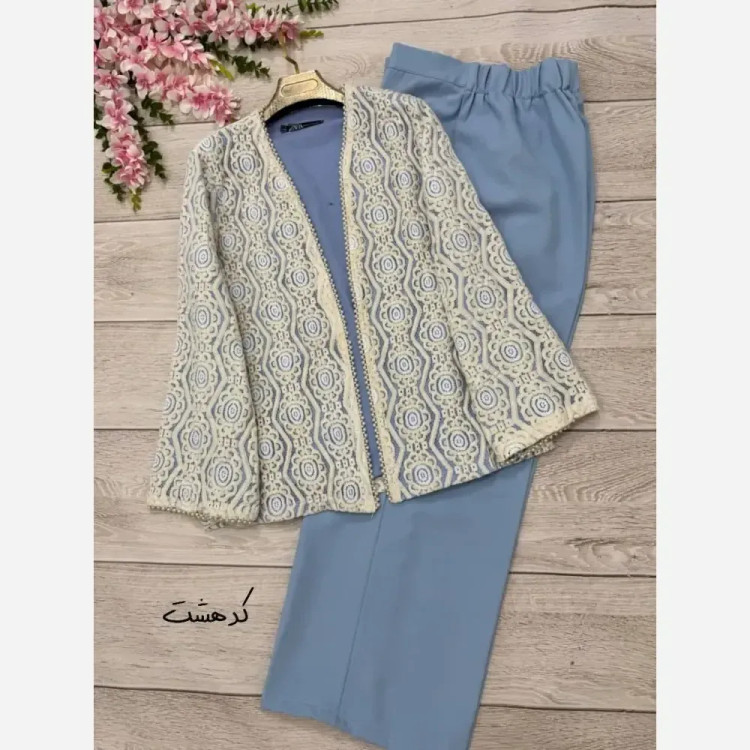 کت و شلوار زنانه گندم جنس مازراتی و گیپور رنگ مشکی سایز 1 و 2