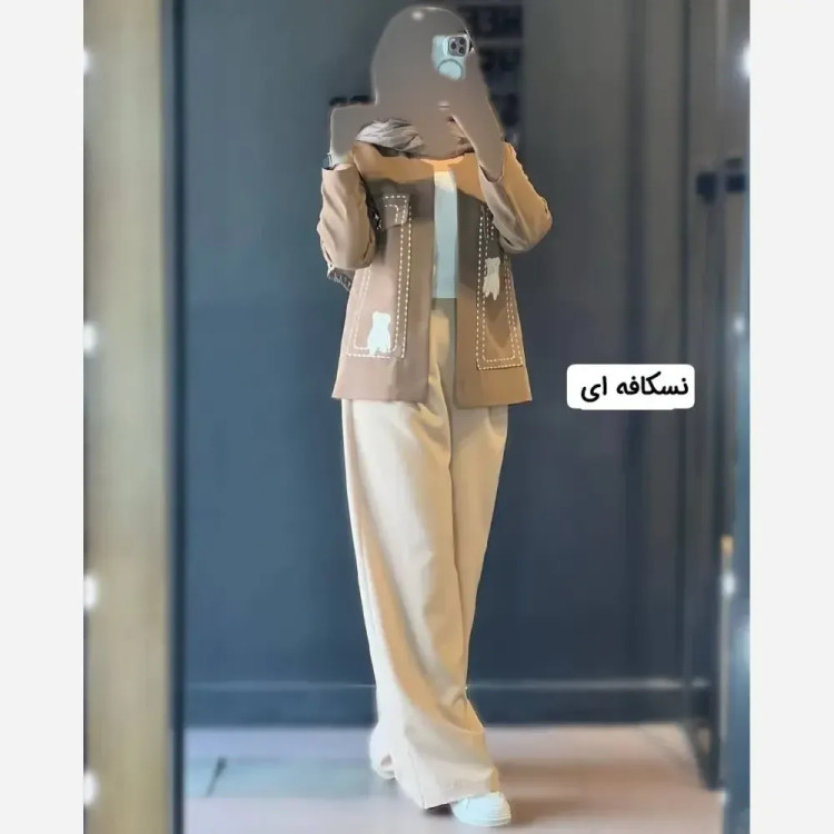 کت و شلوار زنانه گلدوزی پاندا جنس مازراتی رنگ استخوانی سرمه ای نسکافه ای