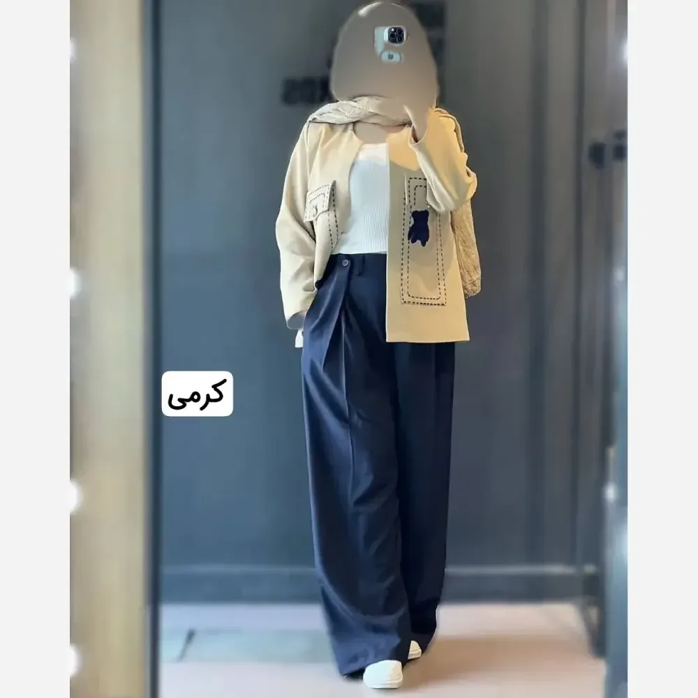 کت و شلوار زنانه گلدوزی پاندا جنس مازراتی رنگ استخوانی سرمه ای نسکافه ای