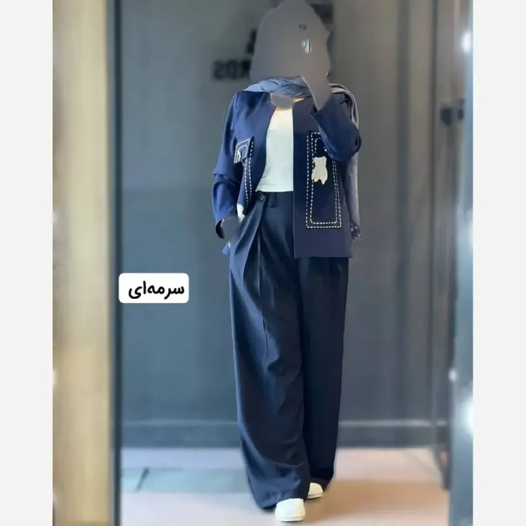 کت و شلوار زنانه گلدوزی پاندا جنس مازراتی رنگ استخوانی سرمه ای نسکافه ای