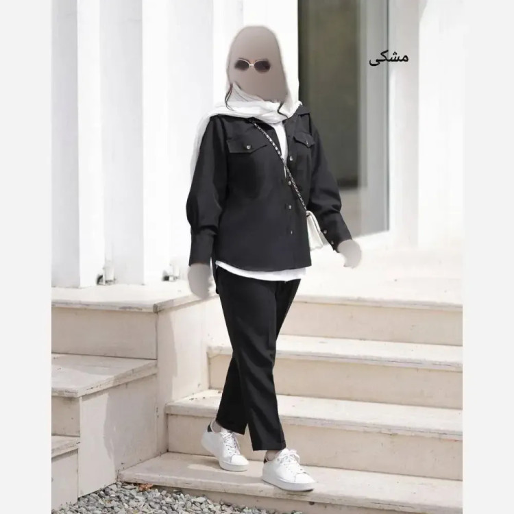 ست مریم سه تیکه زنانه پرشین مکانیک شومیز داکرون فری سایز مشکی طوسی