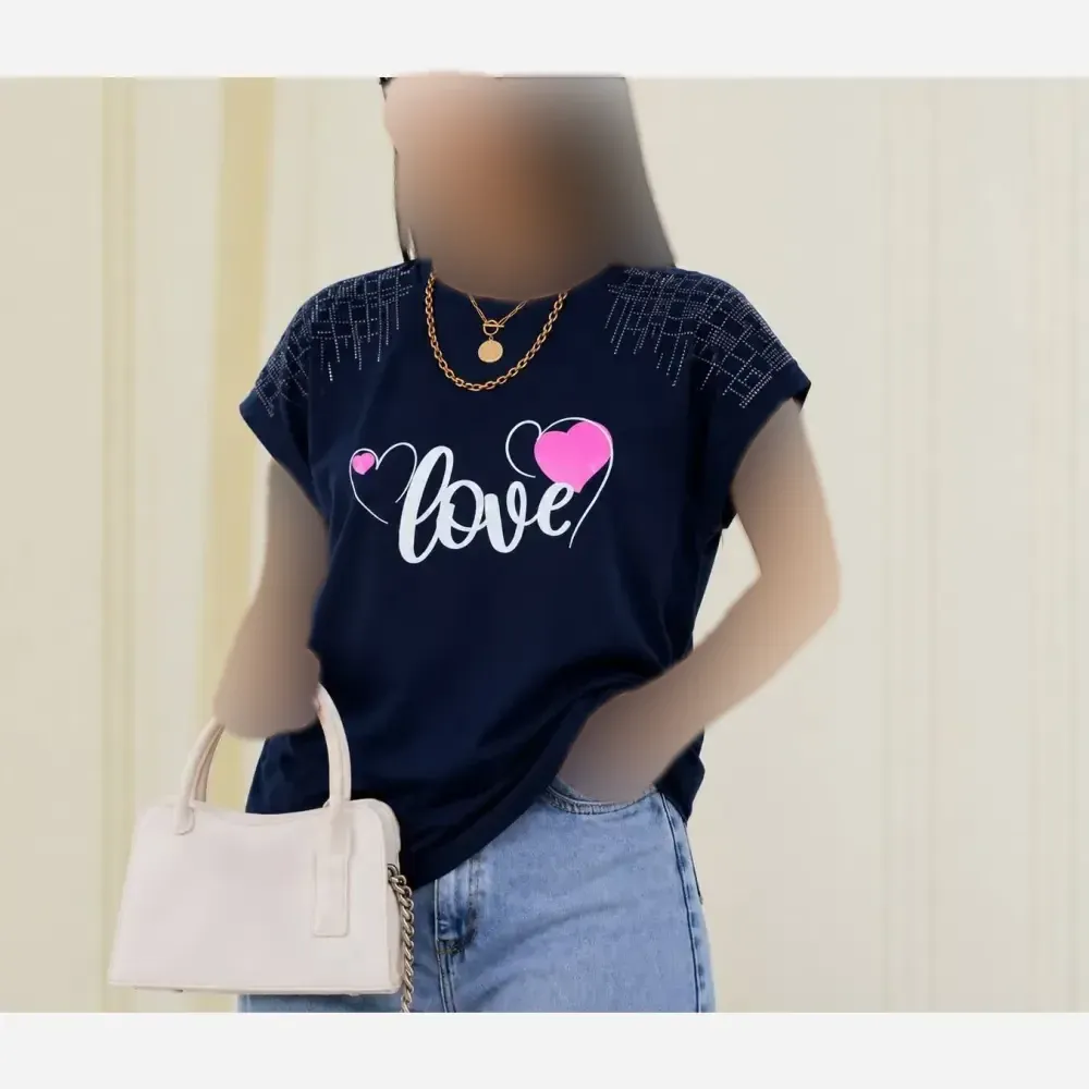 تیشرت باکسی نگینی طرح LOVE جنس نخ پنبه فری سایز