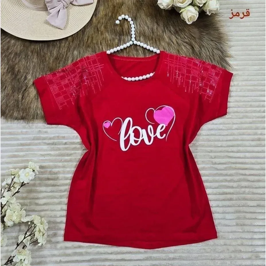 تیشرت باکسی نگینی طرح LOVE جنس نخ پنبه فری سایز