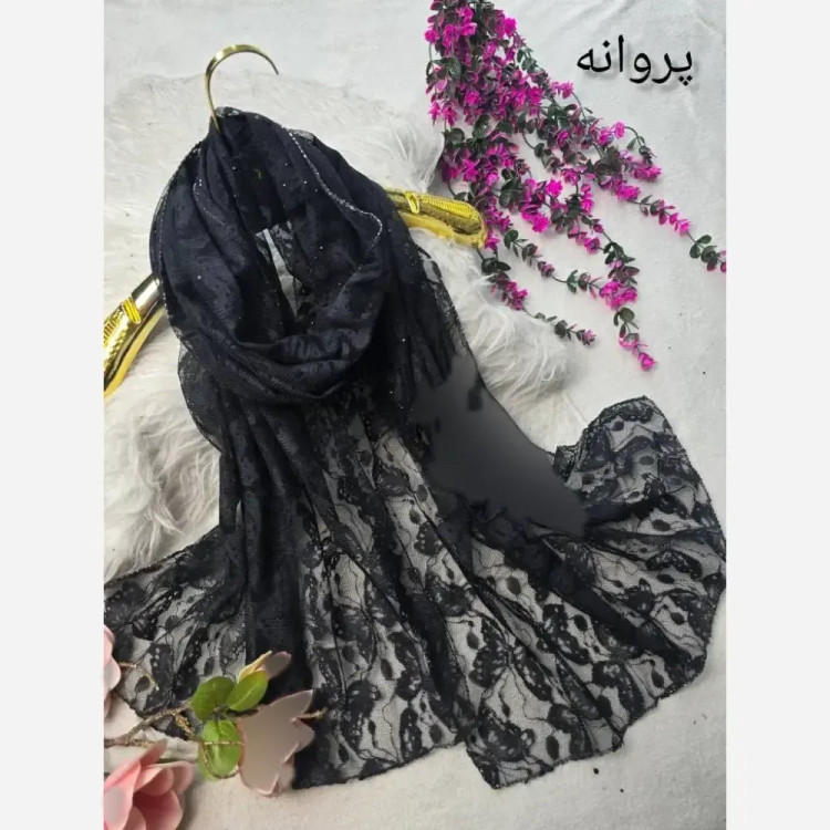 شال دانتل مجلسی مشکی فول نگین دور لمه نقره ای سایز فری