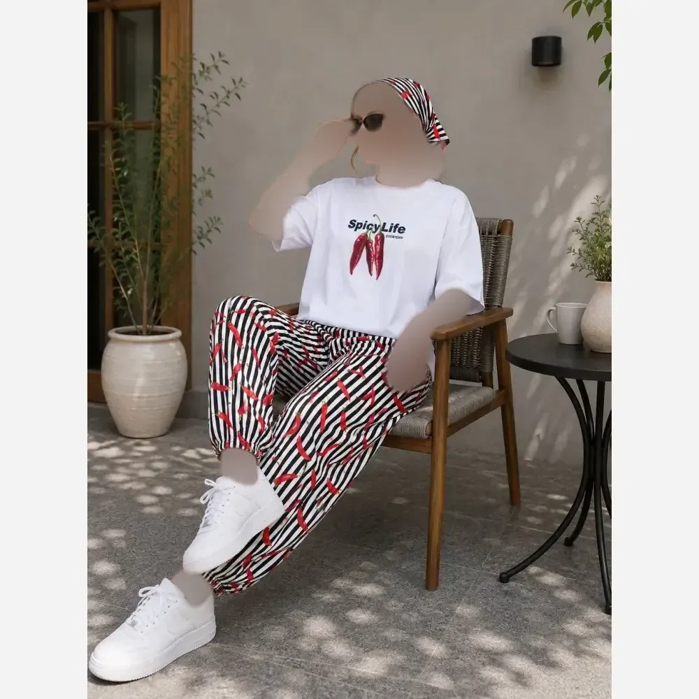 ست تیشرت نخ پنبه و شلوار بوگاتی مدل pepper رنگ مشکی و سفید سایز فری 38 تا 48