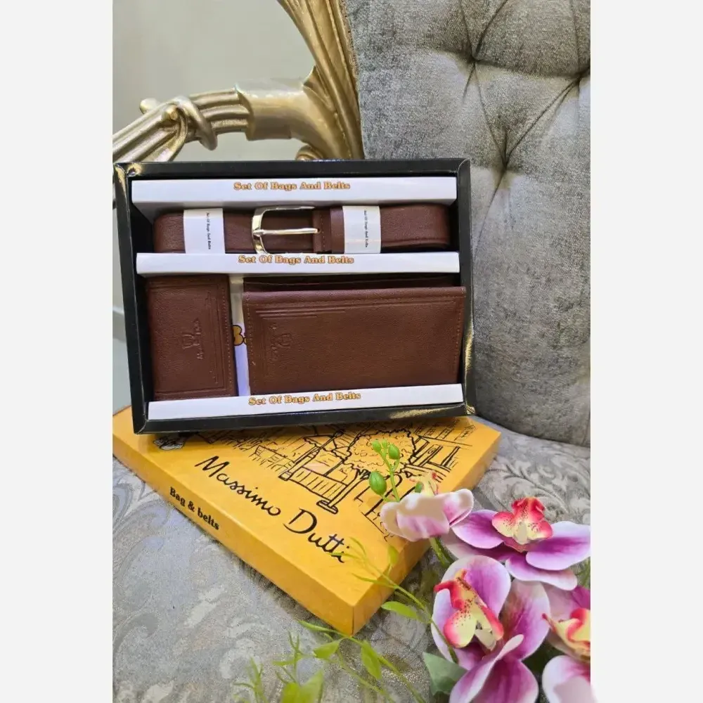 پک هدیه مردانه چرم شامل کیف پول کمربند و جاکارتی رنگ مشکی و عسلی