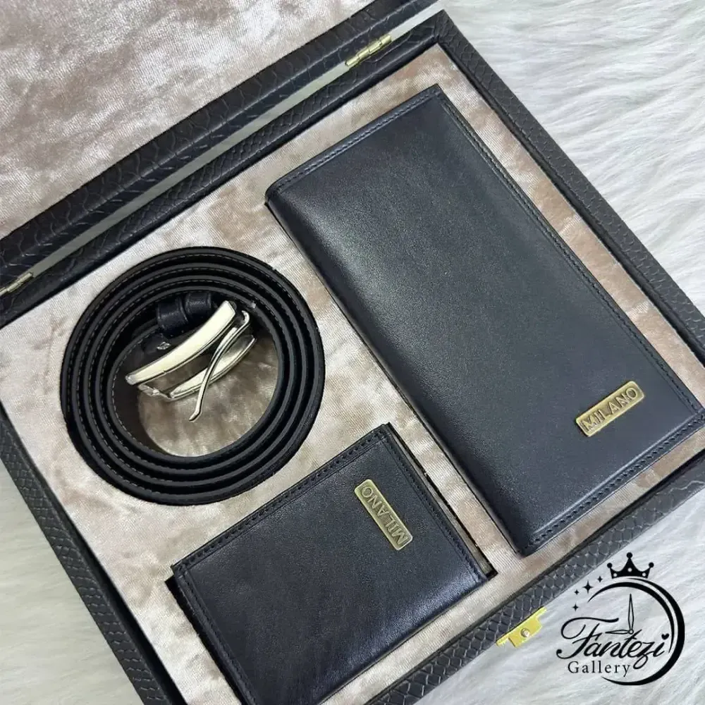پک هدیه مردانه چرم شامل کیف پول کمربند و جاکارتی رنگ مشکی و عسلی