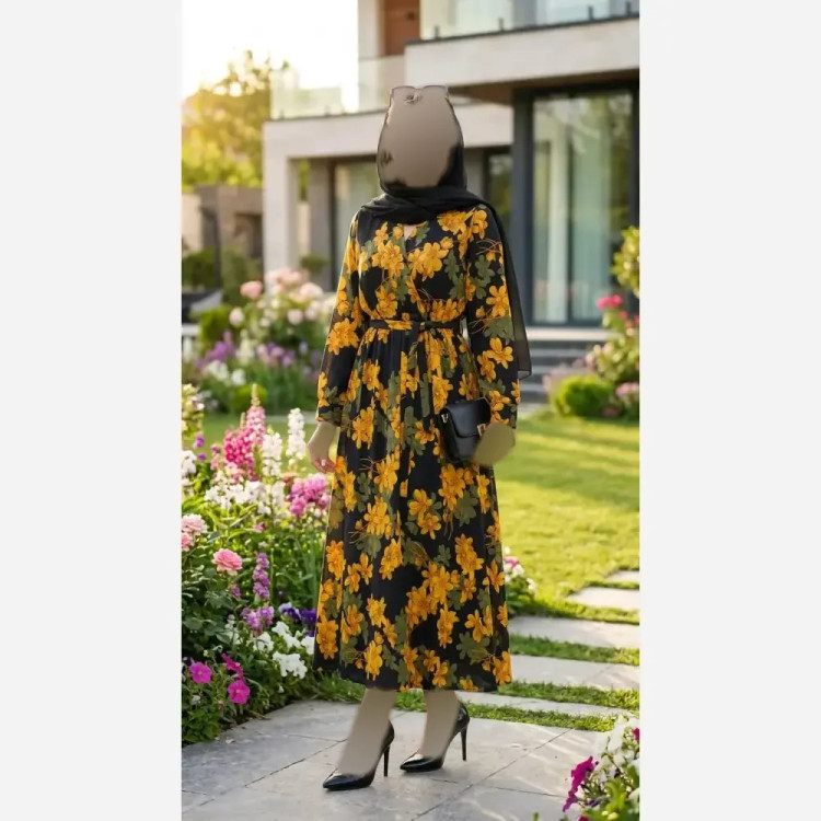 پیراهن زنانه کرپ حریر گل درشت یقه چپ و راستی فری سایز