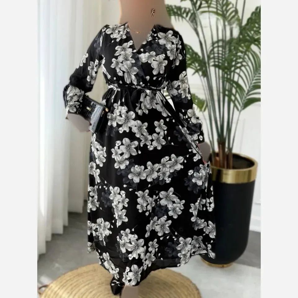 پیراهن زنانه کرپ حریر گل درشت یقه چپ و راستی فری سایز