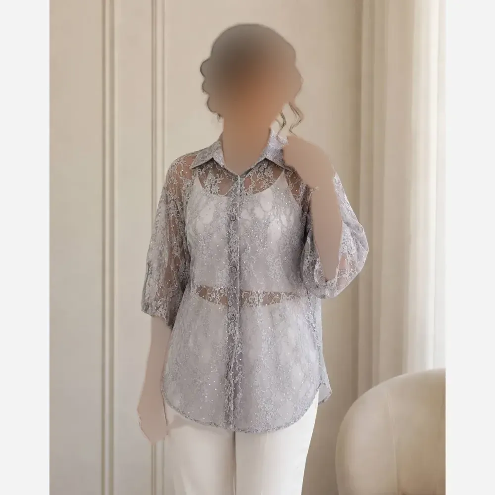 بلوز گیپور مجلسی زنانه آستین سه ربع پاگن دار فری سایز تا 48