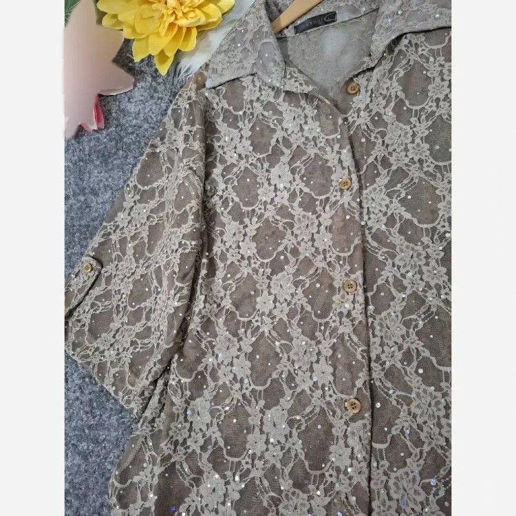 بلوز گیپور مجلسی زنانه آستین سه ربع پاگن دار فری سایز تا 48