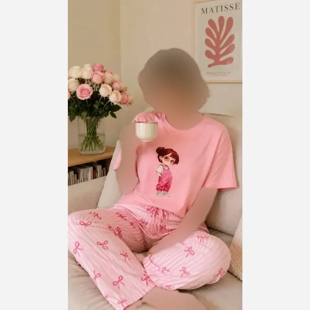 ست تیشرت شلوار عروسکی پانیذ تیشرت نخ پنبه شلوار بوگاتی فری سایز