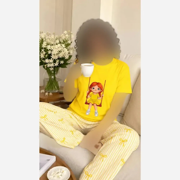 ست تیشرت شلوار عروسکی پانیذ تیشرت نخ پنبه شلوار بوگاتی فری سایز