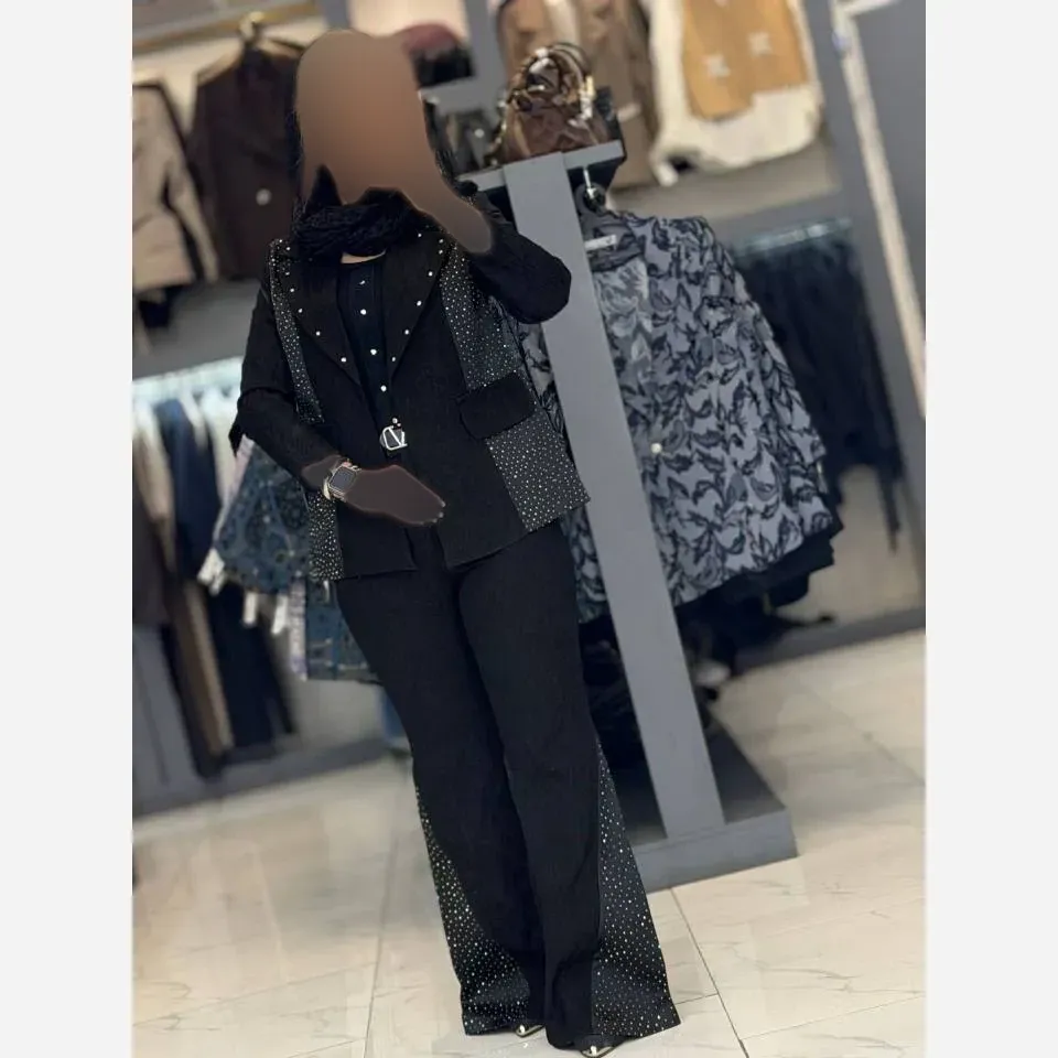 کت شلوار مجلسی زنانه ژاکارد و ساتن آمریکایی رنگ مشکی