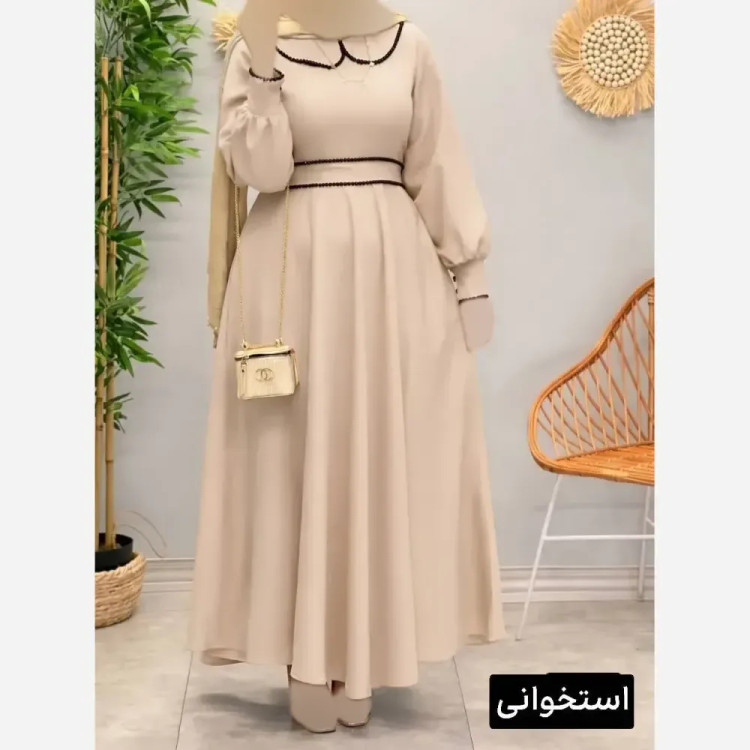 پیراهن بلند الیزه خرجکاری مروارید دامن کلوش کمربنددار فری سایز
