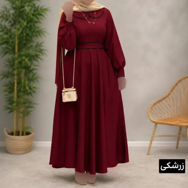 پیراهن بلند الیزه خرجکاری مروارید دامن کلوش کمربنددار فری سایز