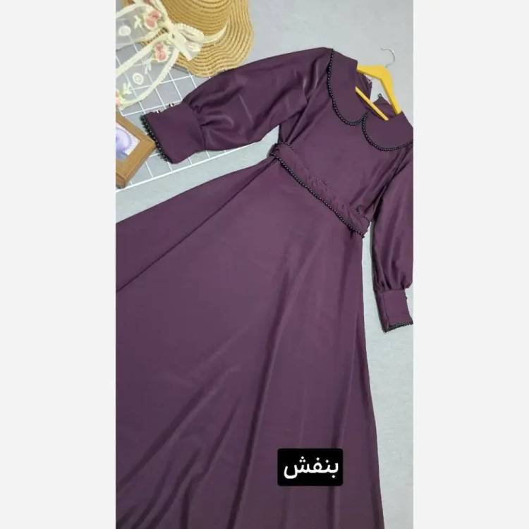 پیراهن بلند الیزه خرجکاری مروارید دامن کلوش کمربنددار فری سایز