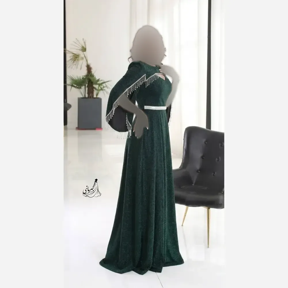 پیراهن ماکسی مجلسی زنانه لمه درجه یک کاپدار کمربند نگینی سایز بزرگ روشنا مشکی یشمی
