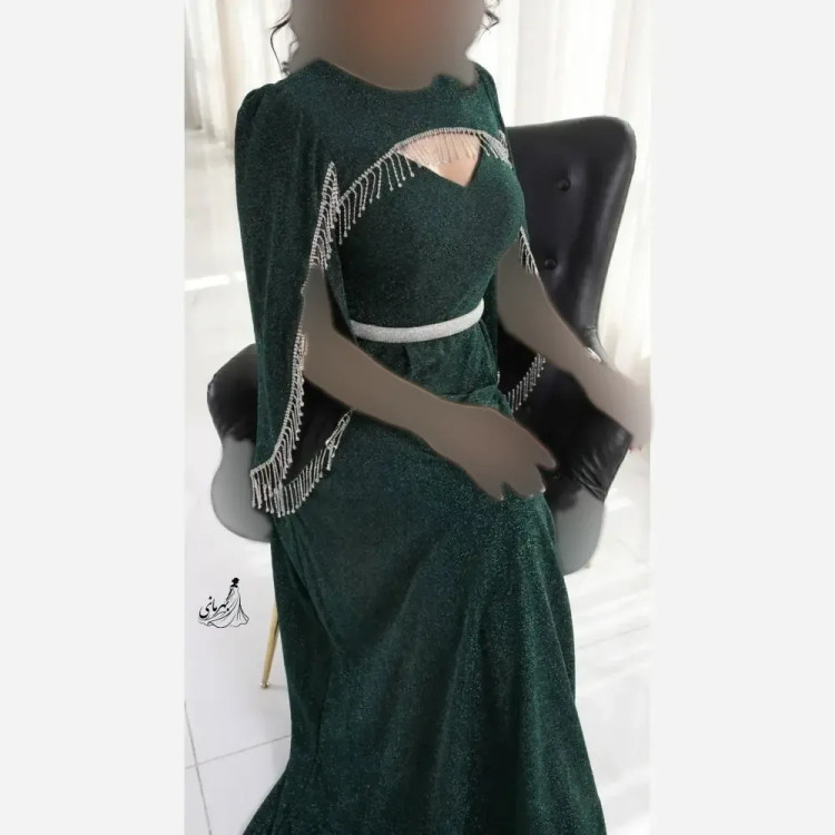 پیراهن ماکسی مجلسی زنانه لمه درجه یک کاپدار کمربند نگینی سایز بزرگ روشنا مشکی یشمی
