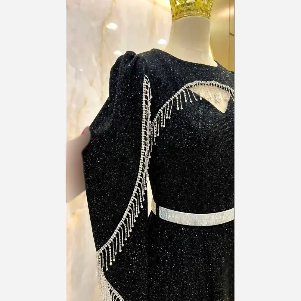 پیراهن ماکسی مجلسی زنانه لمه درجه یک کاپدار کمربند نگینی سایز بزرگ روشنا مشکی یشمی
