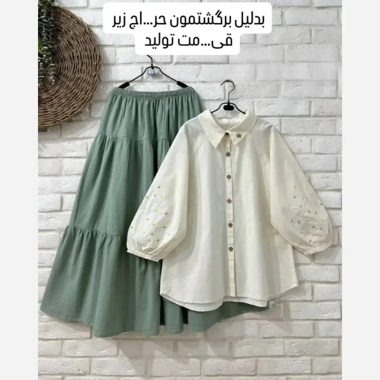 ست شومیز دامن لینن و گلدوزی گلناز سفید شکلاتی فری سایز