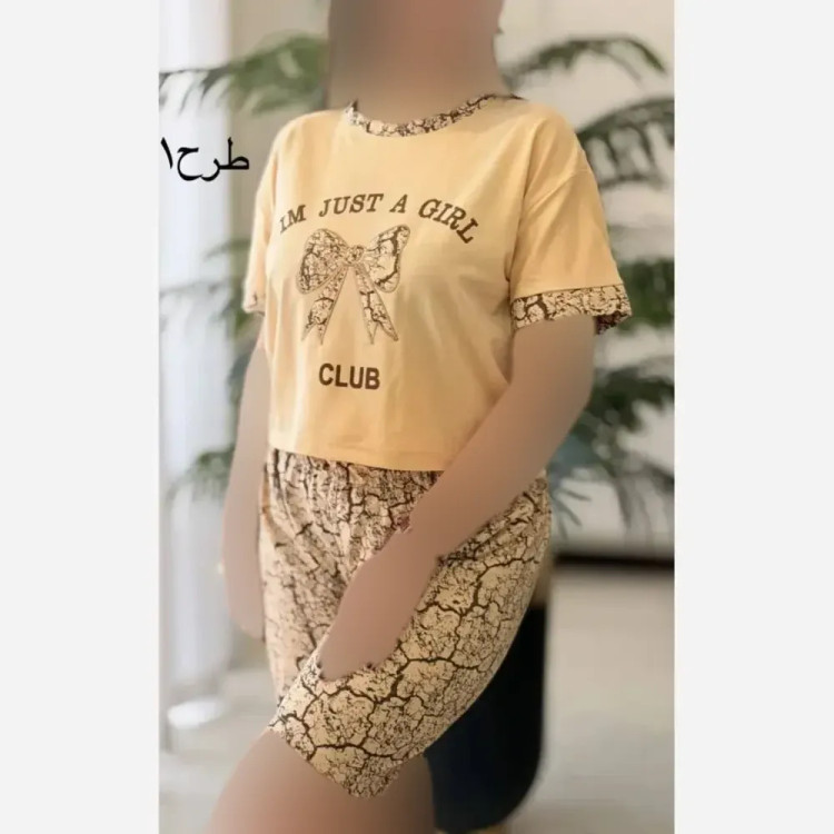 ست تیشرت و شلوارک زنانه پنبه اعلا رنگ کرم شکلاتی نسکافه ای فری سایز 38 تا 46