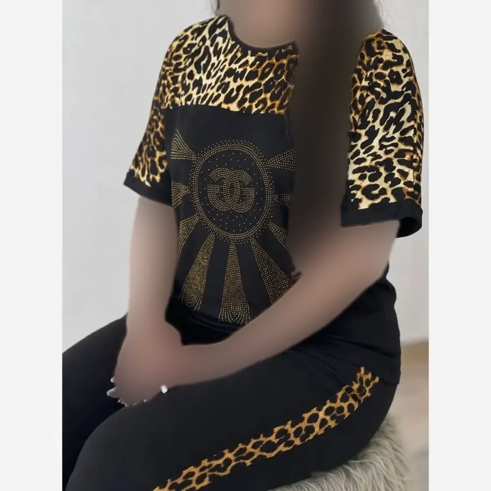 ست تیشرت و شلوار ویسکوز الیزه فول کش نگین دار D&G فری سایز