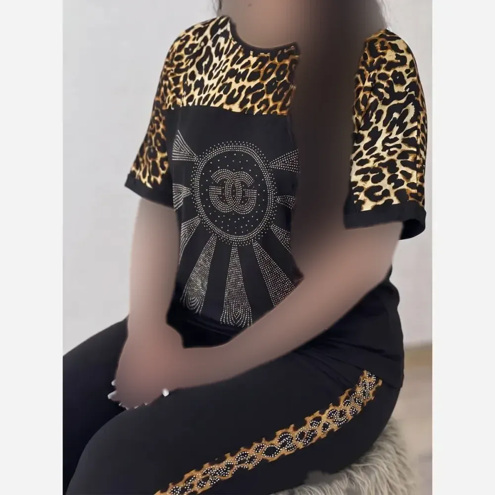 ست تیشرت و شلوار ویسکوز الیزه فول کش نگین دار D&G فری سایز