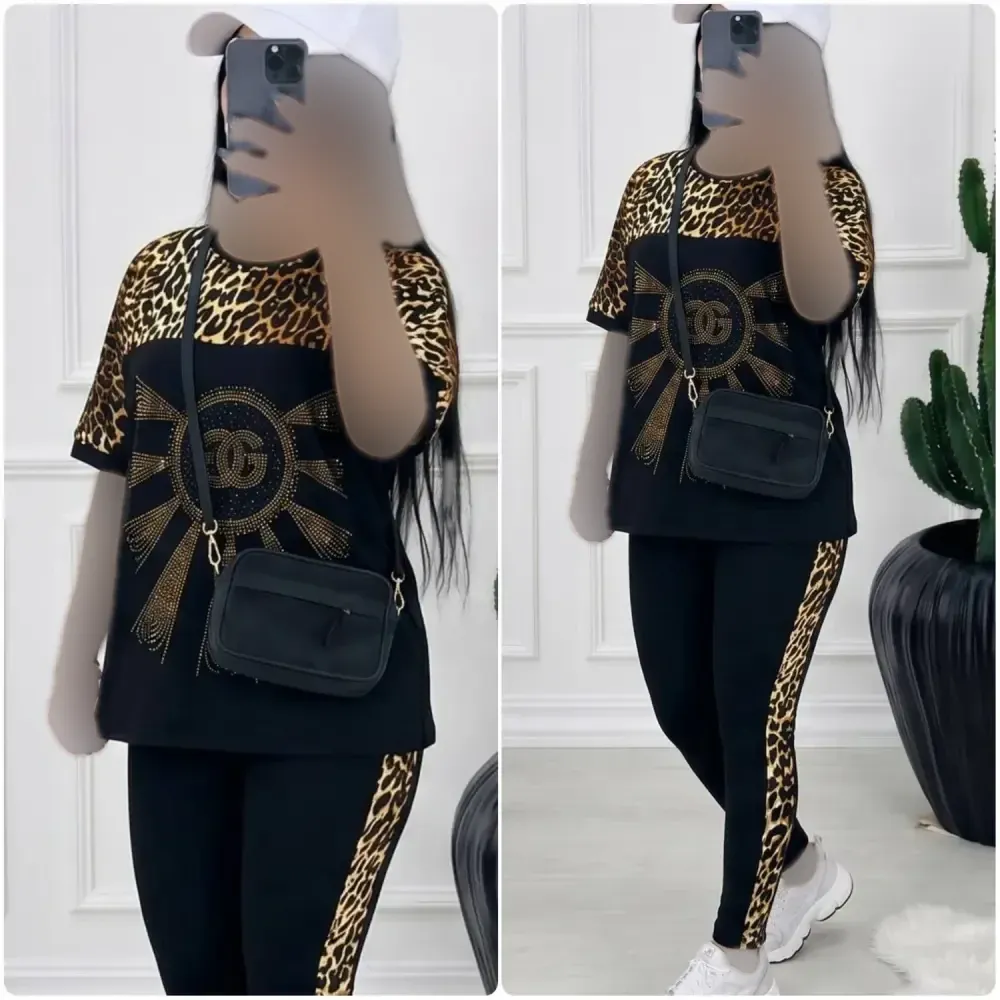 ست تیشرت و شلوار ویسکوز الیزه فول کش نگین دار D&G فری سایز
