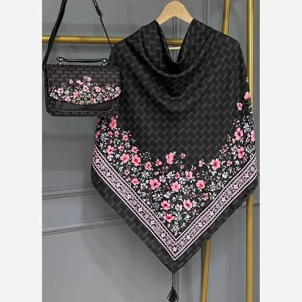 ست کیف و روسری نخی منگوله دار گل دی با بند دوشی و قفل
