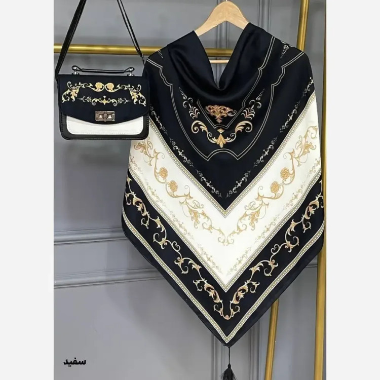 ست کیف و روسری مخمل و چرم صنعتی نخی منگوله دار سلینا