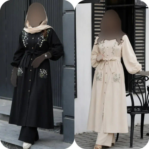 مانتو گلدوزی نهال جنس شانتون فری سایز کمربند دار