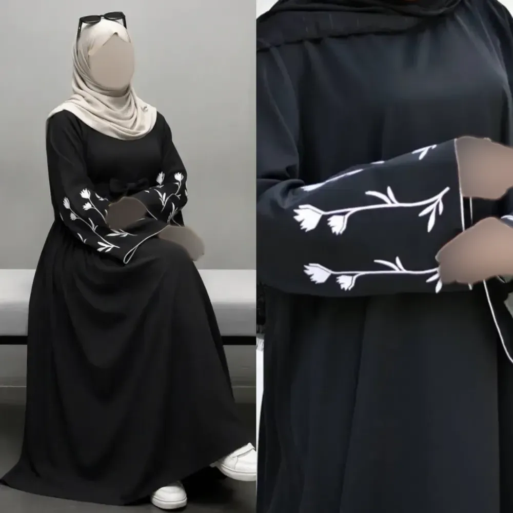 پیراهن عبایی گلدوزی شده طرح گل لاله جنس الیزه مشکی سایز فری سایز