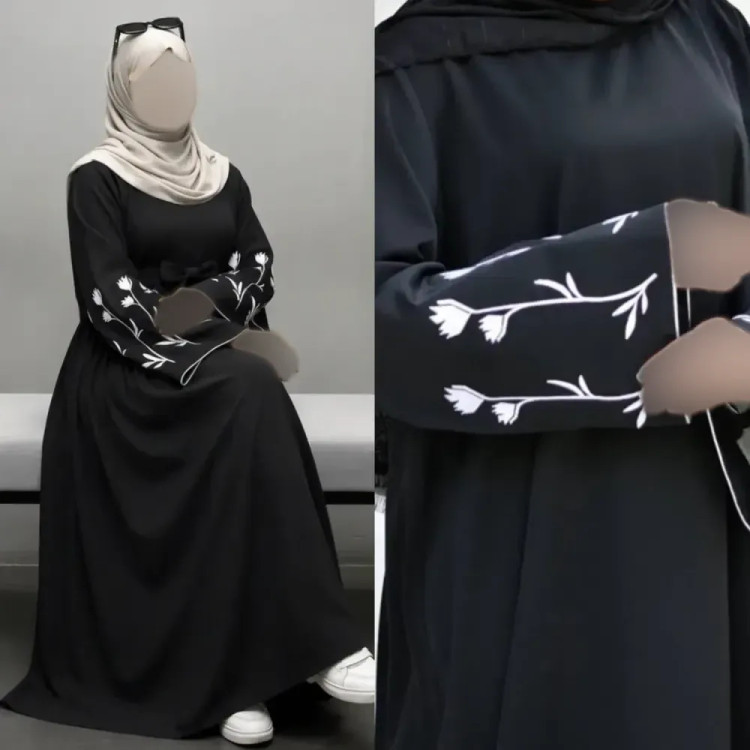 پیراهن عبایی گلدوزی شده طرح گل لاله جنس الیزه مشکی سایز فری سایز