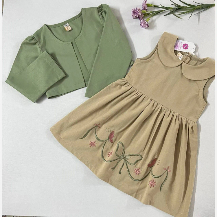 کت و سارافون دخترانه گلدوزی شده لینن و کتان مناسب 3 تا 7 سال