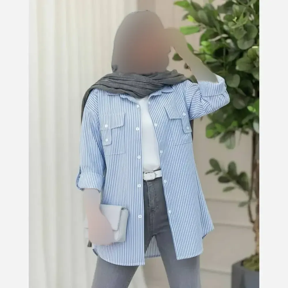 تونیک نخی راه راه جیب صلیبی فری سایز طوسی آبی