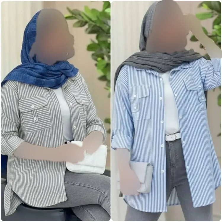 تونیک نخی راه راه جیب صلیبی فری سایز طوسی آبی